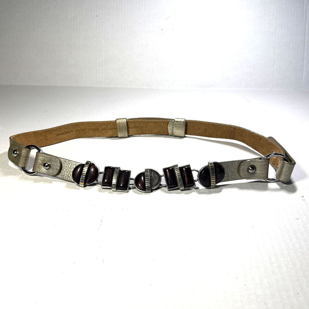 Vintage Chico's Metallic Silver Leather Geometric Cabochons Chain Hip Belt S/M